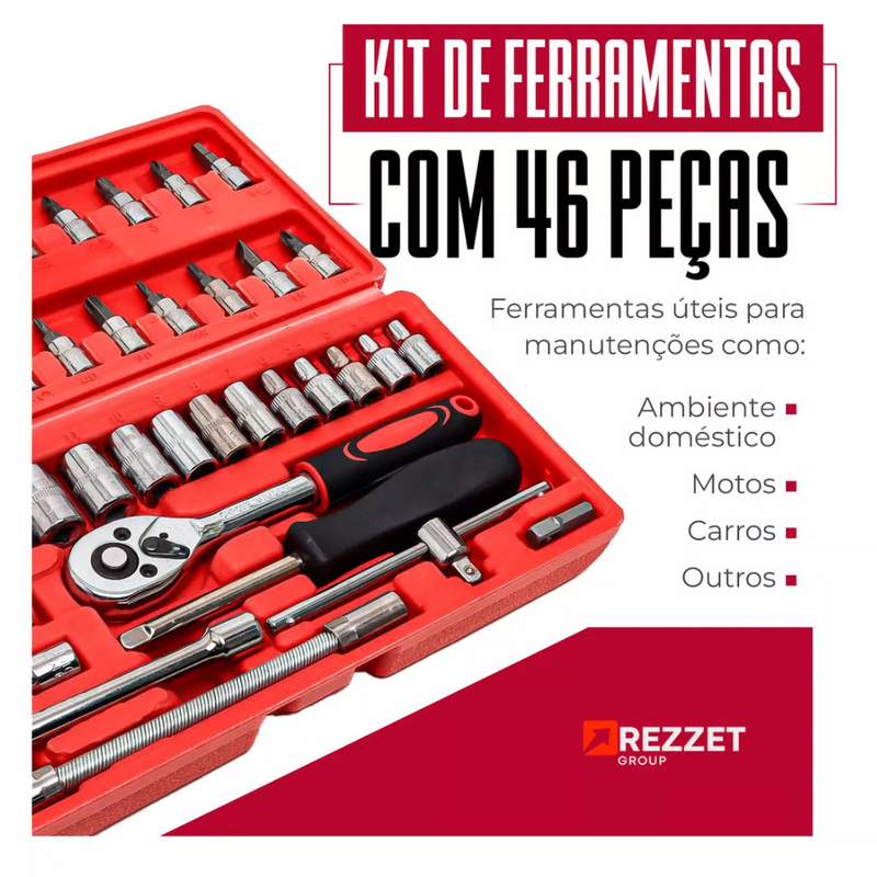 Kit Chave Jogo Soquete 1/4 46 Peças Aço Maleta Catraca