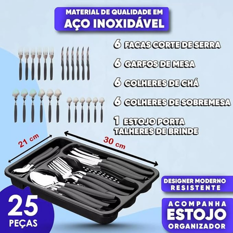 Jogo de Talheres Inox Cb Plástico + Suporte Gaveteiro 25Pçs